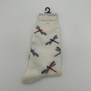 Foot Traffic Socks Womens Size 4-16 White Dragonfly Print Nylon Blend Comfort